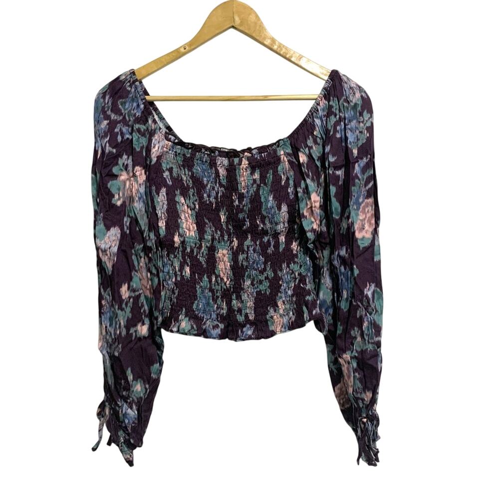 Oliveaceous Burgundy Purple Floral Long Sleeve Square Neck Smocked Blouse